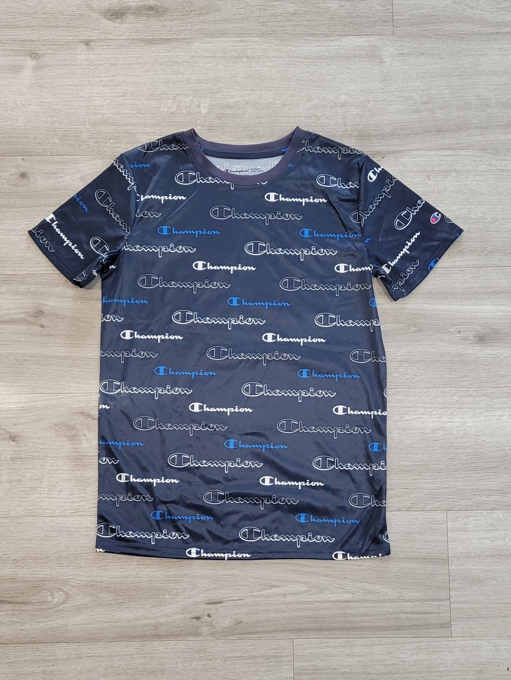 Champion Navy Tee with White & Blue Logo Print